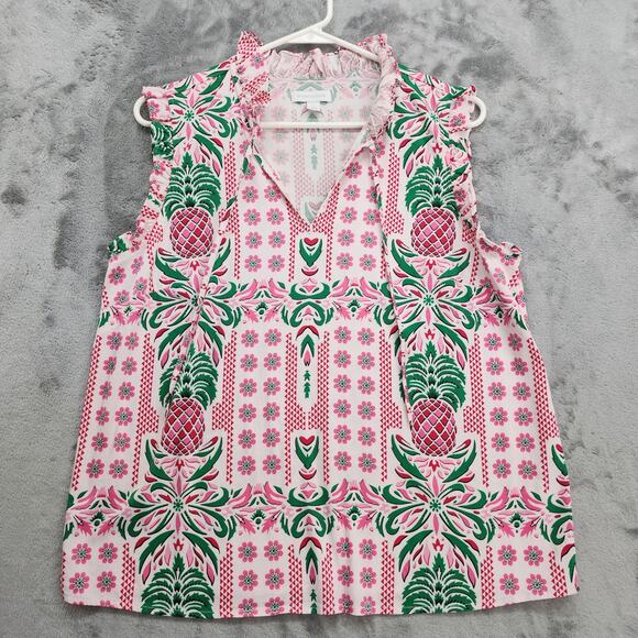 Charter Club Top Womens M Pink Green Pineapple Tropical Sleeveless Ruffles Tie - Picture 1 of 10